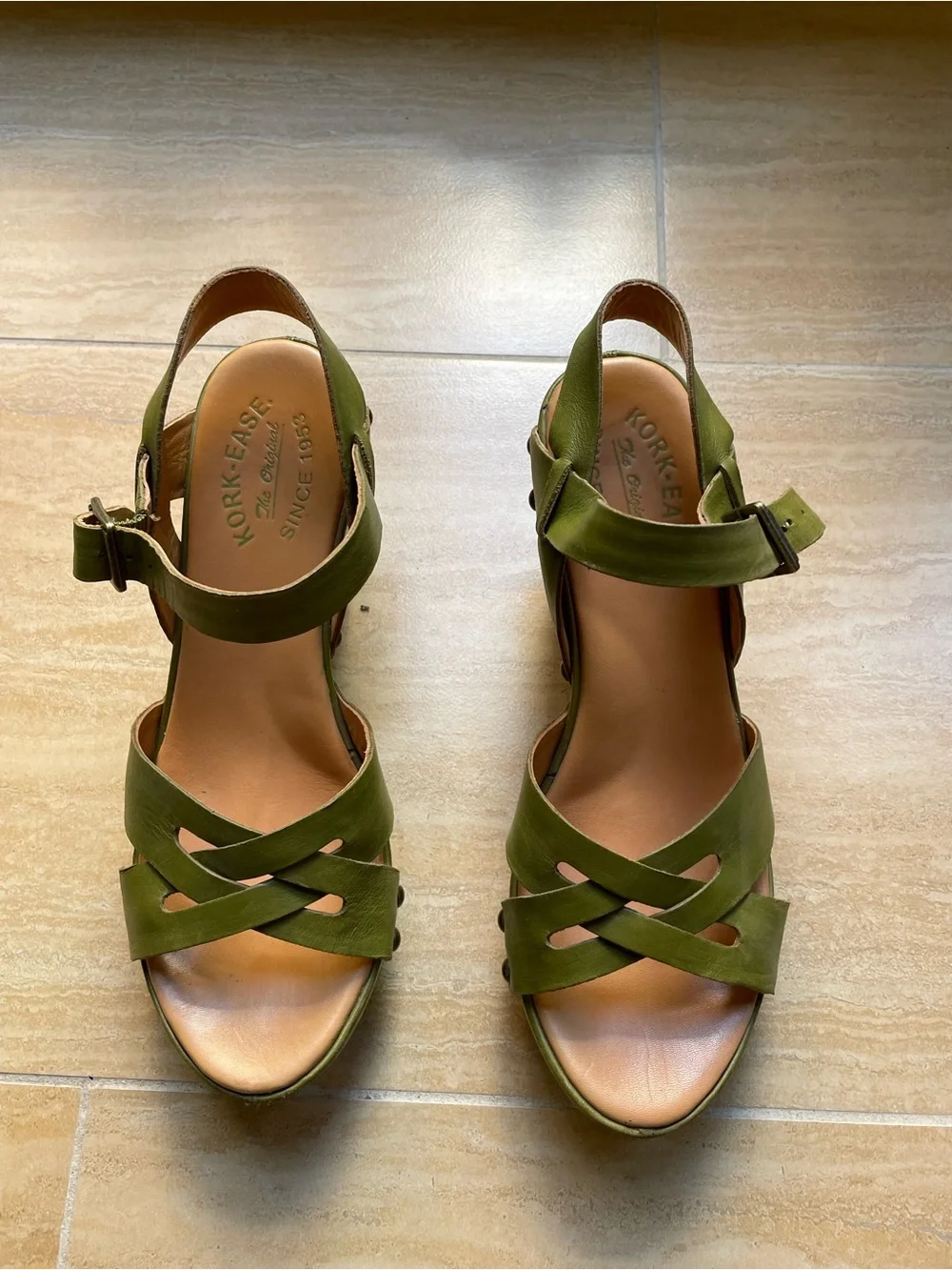 Olive green leather Korkease healed platform  sandal with ankle strap